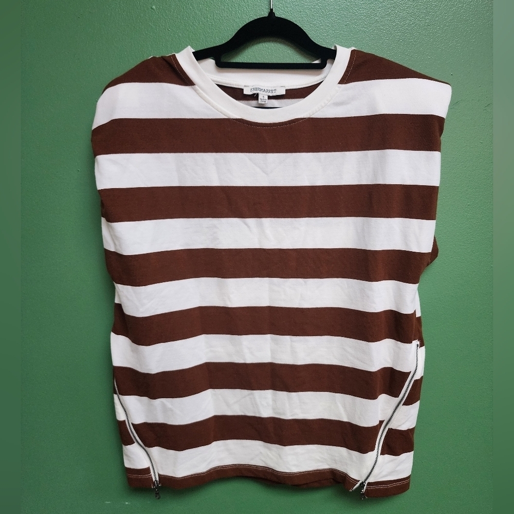 Freemarket Brown & White Striped Zip-Hem Sleeveless Top Size Small